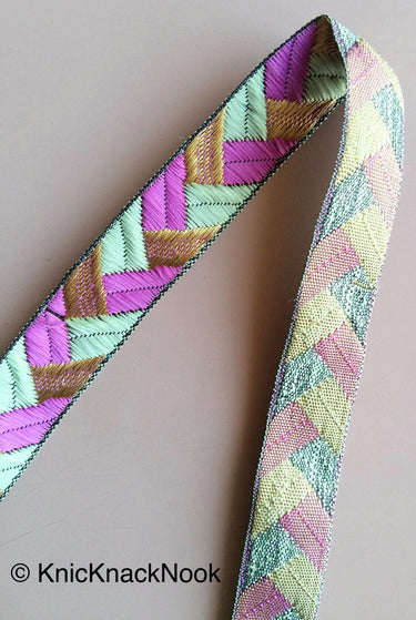 Purple / Fuchsia Pink, Green And Gold Embroidered Trim, Geometric Pattern